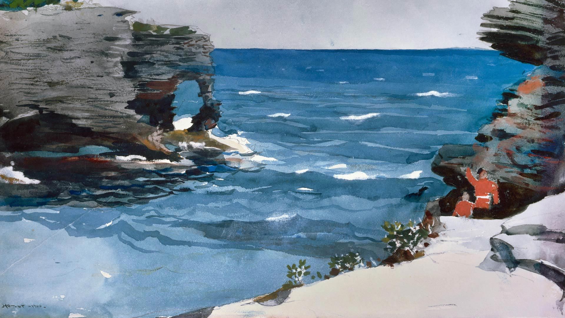 波士顿美术馆收藏的画家温斯洛·霍默的水彩画'Rocky Shore'